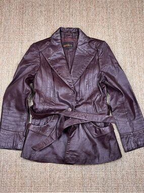 Women's Vintage Opera Wine/Burgundy Belted 100% Leather Jacket SIze XSmall